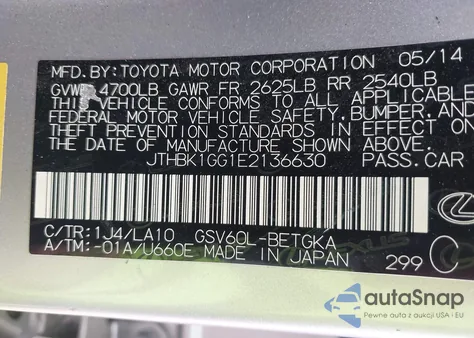 2014 Lexus Es 350 z USA, uszkodzony, nr VIN JTHBK1GG1E2136630